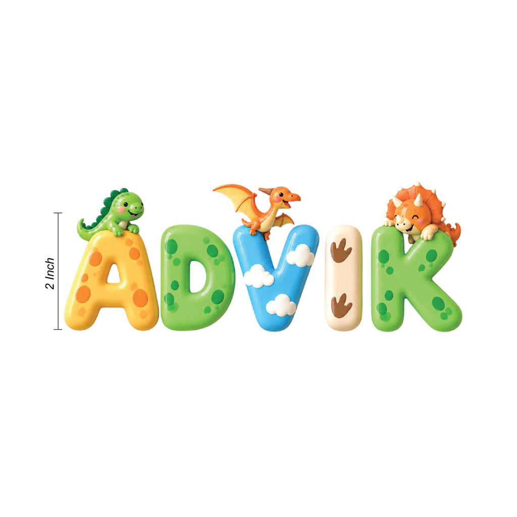 Personalized dinosaur-themed name letters spelling 'ADVIK' on a white background, with a 2-inch height measurement marker on the left. The letters are colorful and decorated with cute dinosaurs, clouds, and paw prints.