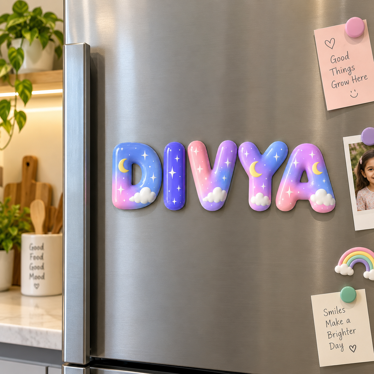 Personalized magnetic letter name magnets spelling 'DIVYA' with a pastel rainbow gradient, stars, and clouds, attached to a stainless steel refrigerator in a kitchen setting.