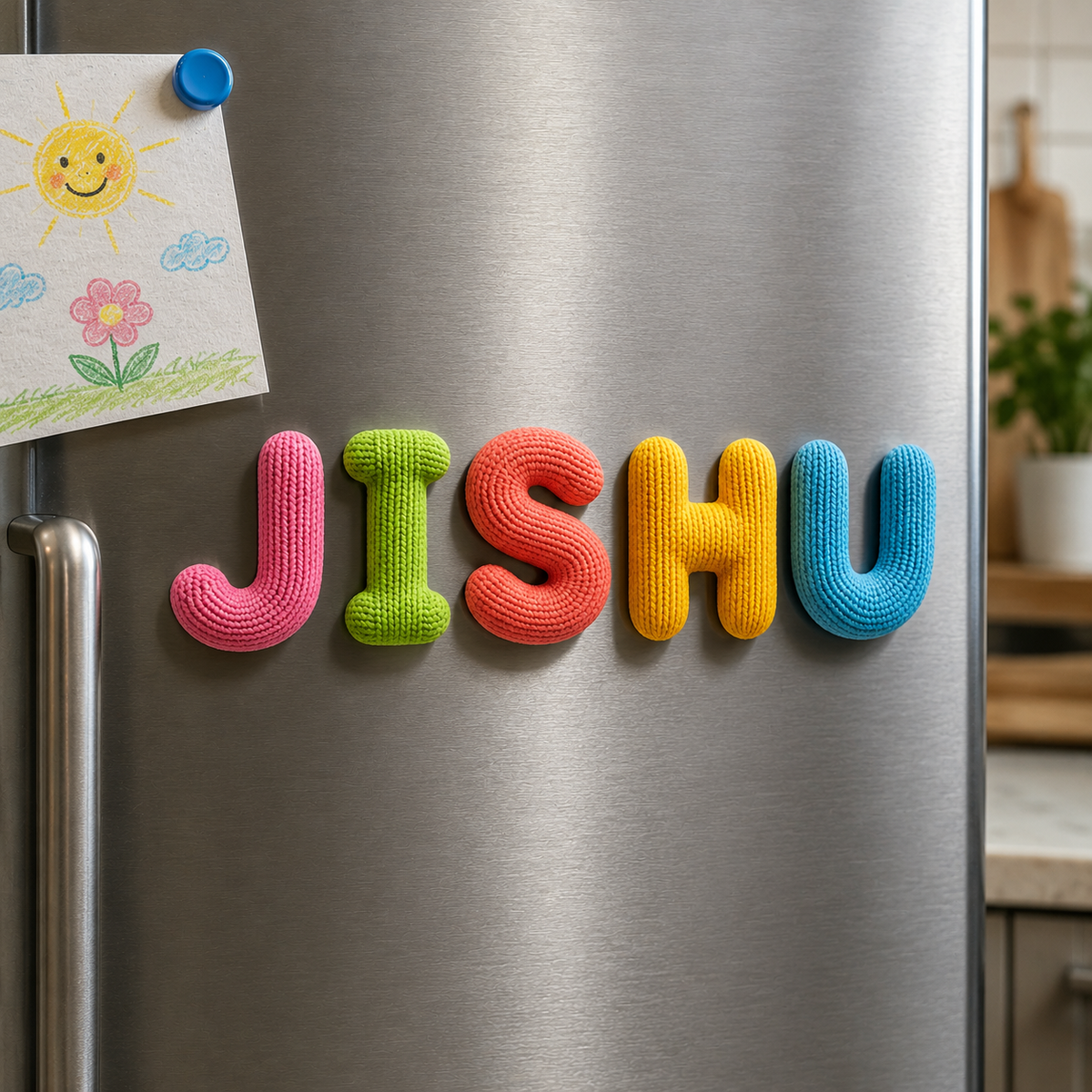 Six colorful knitted letter magnets spelling 'JISHU' attached to a stainless steel refrigerator door, with a small child's drawing pinned on the upper left.