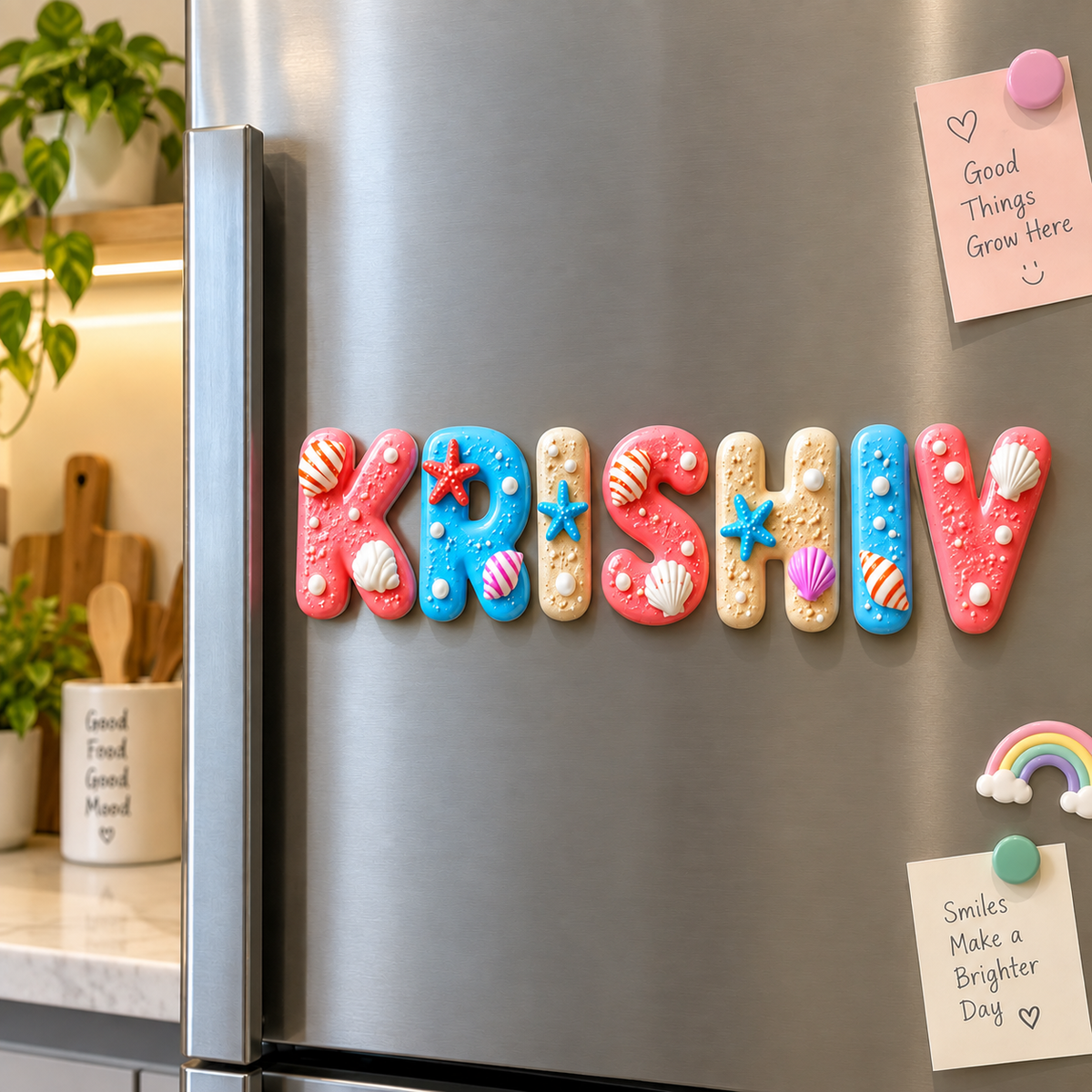 Personalized name magnets spelling 'KRISHIV' in pink, blue, and beige with seashell and starfish details, displayed on a stainless steel refrigerator in a kitchen setting.