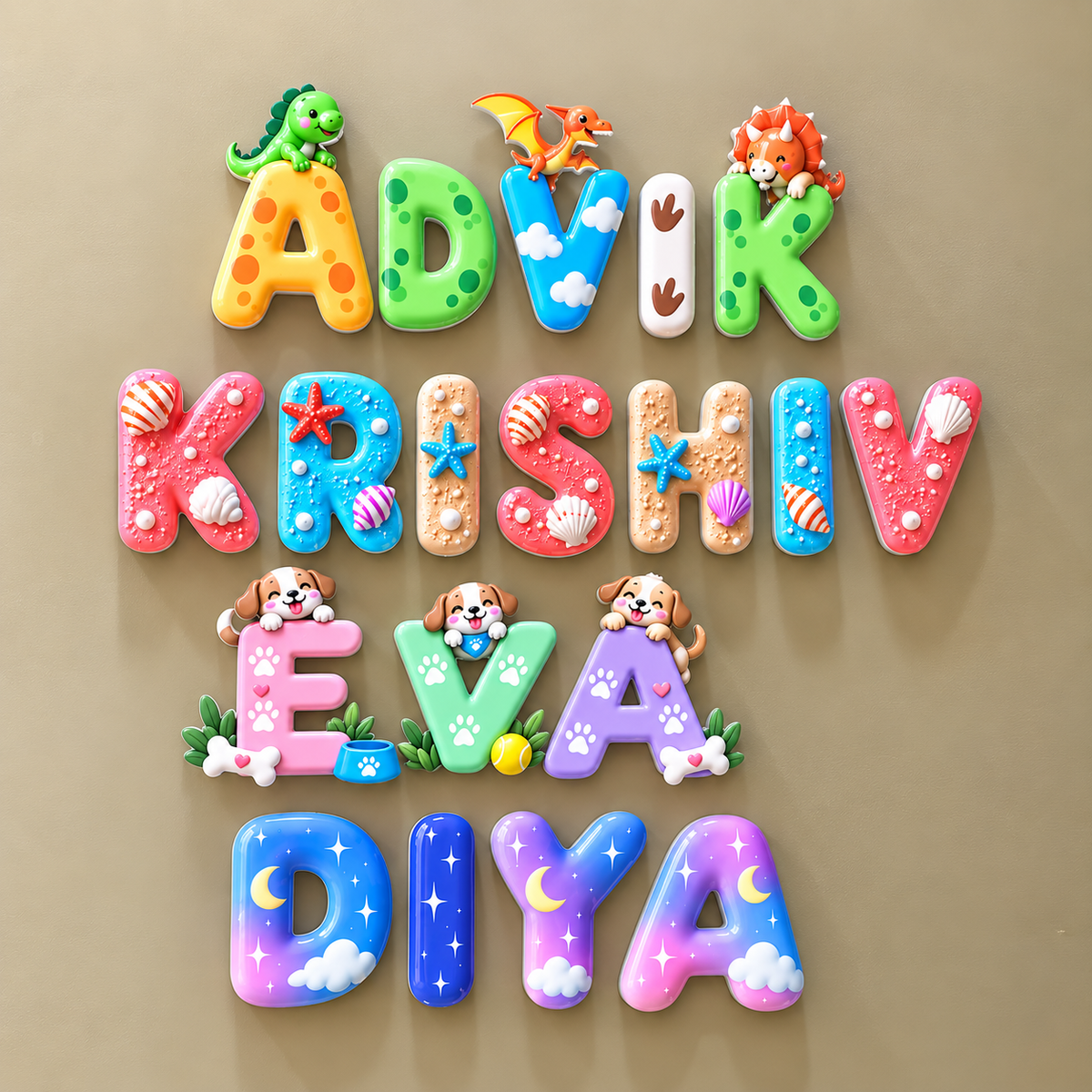 Custom 3D acrylic name and date plaques spelling 'ADVIK KRISHIV EVA DIYA' with cute animal and nature motifs, arranged on a solid beige background.