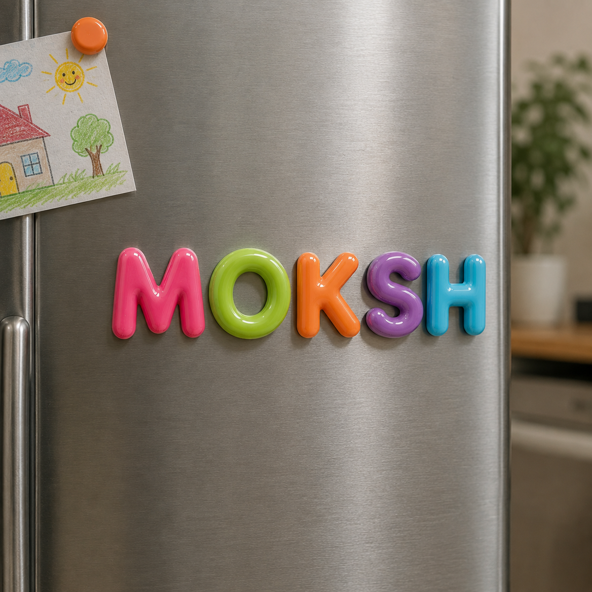 Colorful magnetic name letters spelling 'MOKSH' attached to a stainless steel refrigerator door, with a small child's house drawing pinned near the top left.