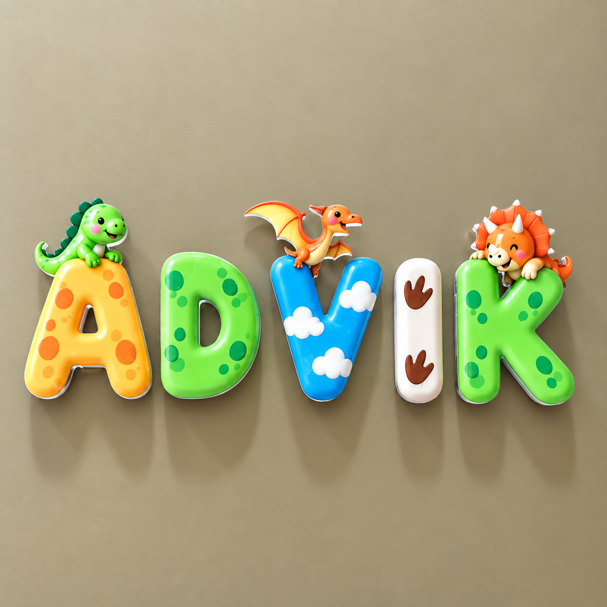 Decorative alphabet-style letters spelling "ADVIK" mounted on a beige wall, each shaped like a dinosaur or animal and colored in bright playful shades: orange with green spots, green with darker green spots, blue with white clouds, white with brown footprints, and green with darker green spots. Small dinosaur figures are placed on or beside the letters.