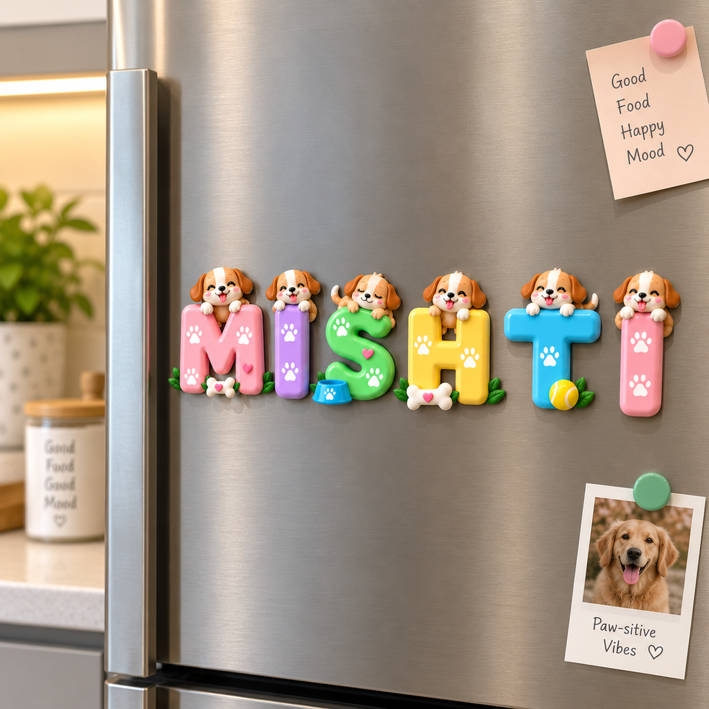 A set of colorful refrigerator magnets spelling out the name 'MISHI' with cute dog illustrations, displayed on a stainless steel refrigerator. The magnets feature pink, purple, green, yellow, and blue letters with brown and white dog characters, paw prints, and small ball accents.