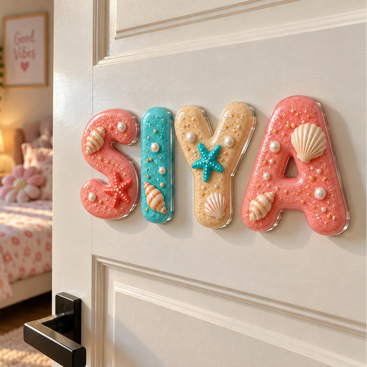 Personalized magnetic letter name plaques spelling 'SIYA' in pastel pink, turquoise, beige, and coral, decorated with faux seashells and pearls, mounted on a white bedroom door.