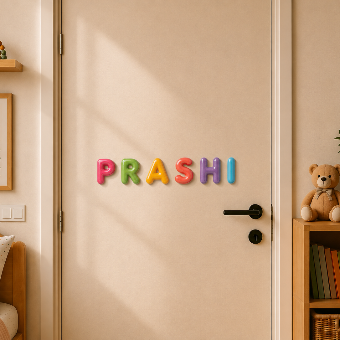 A beige interior room scene showing a child's bedroom door with colorful magnetic letters spelling 'PRASHI' mounted on it. The room includes a wooden bed with a white pillow, framed bunny artwork on the wall, a shelf with a rabbit toy, and a bookshelf with a teddy bear, plant, and books.